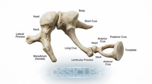 Detailed medical illustration of human ear ossicles showing malleus incus