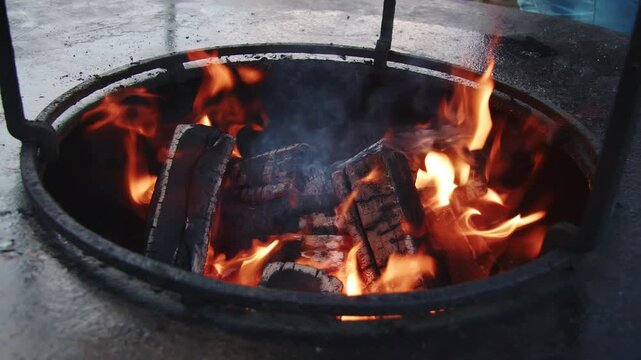 Close shot of an open fire burning beneath a cooking griddle, with bright orange flames rising from the fire pit and wood burning intensely below the hot plate.