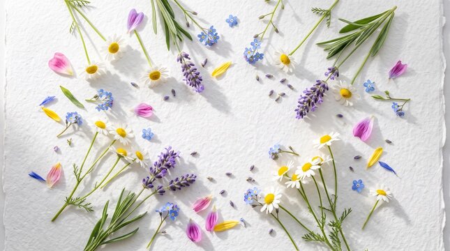 beautiful horizontal composition of delicate wildflowers and plants white background