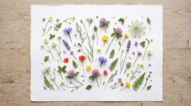 beautiful horizontal composition of delicate wildflowers and plants white background