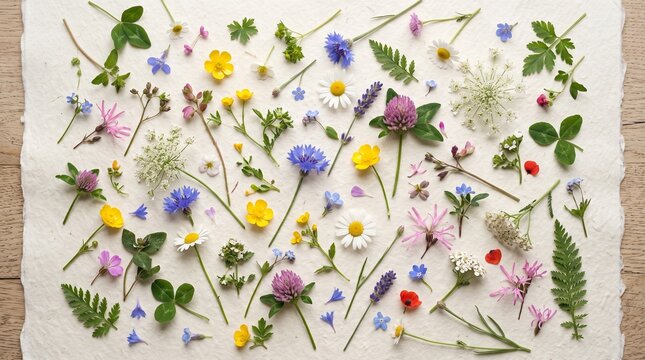 beautiful horizontal composition of delicate wildflowers and plants white background