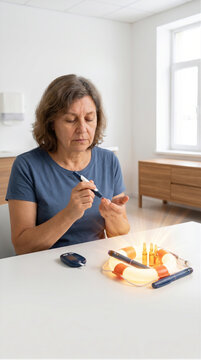 Mature woman measuring blood sugar level with glucometer at home. Diabetes treatment concept with glowing life buoy, insulin pen and ampoules on table. Healthcare and self care for diabetic patient