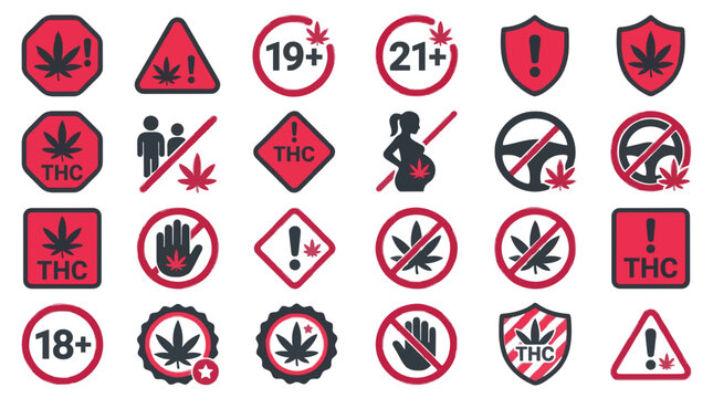 24 THC warning label icons cannabis dispensary compliance flat duotone icon.