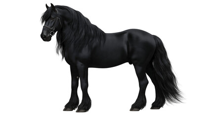 Majestic black Friesian horse with long flowing mane and leather bridle © Stefan