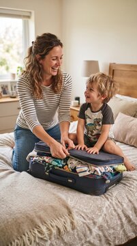 Mother and child packing suitcase for travel, laughing together