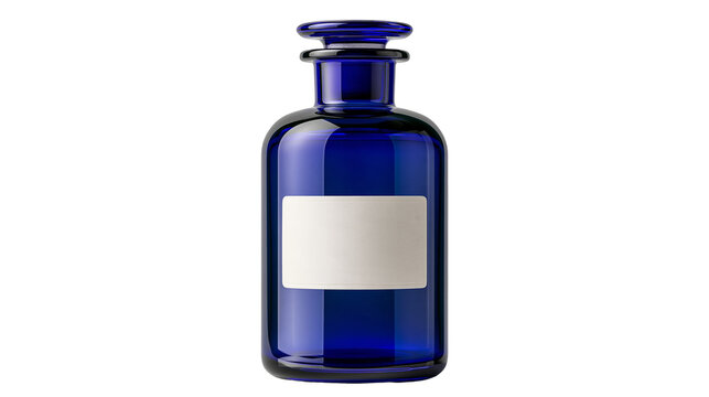 Cobalt blue glass apothecary bottle with a blank white rectangular label