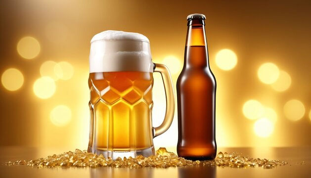 Golden beer mug and bottle surrounded by barley grains