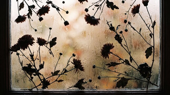 Pressed chrysanthemums and leaves on frosted window with soft natural