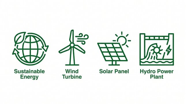 Four green icons representing renewable energy sources for