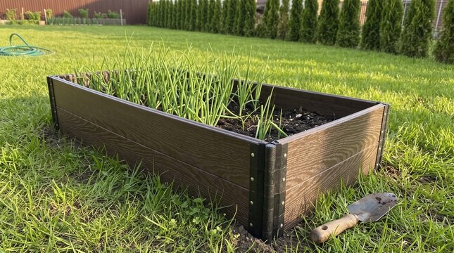 raised wooden garden bed with green seedlings on backyard lawn