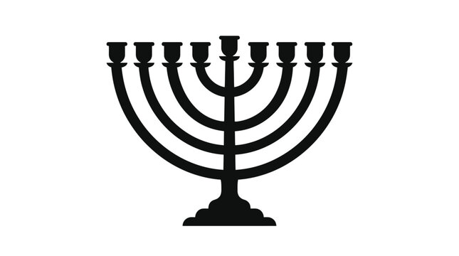 Seven branched menorah silhouette against a white background depicts a traditional candelabrum