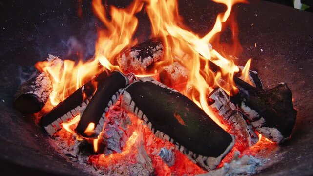 Open campfire with bright orange flames burning through stacked logs in natural daylight. Close-up of flickering flames, charred wood and glowing embers in an outdoor setting.