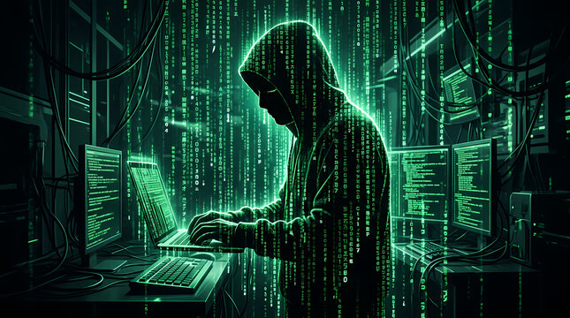 A mysterious hooded person operates a computer inside a dark room while glowing digital green symbols rain down like falling rain code to represent unauthorized cyber network security system
