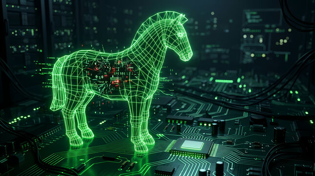Green digital horse network threat visualized as glowing lines floating above a complex computer motherboard representing cybersecurity risks and malicious software vulnerabilities within