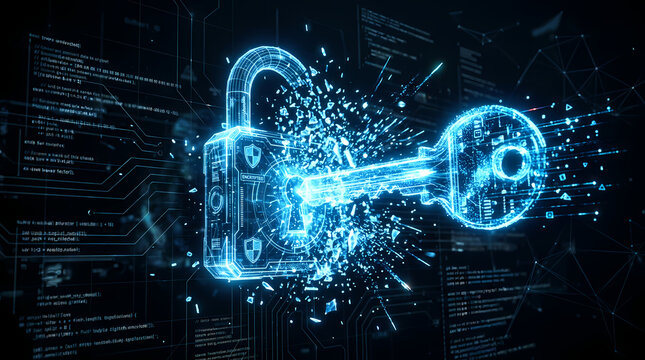 Cybersecurity concept featuring a glowing digital lock and key representing data protection software encryption and secure access to network information systems while showing online safety