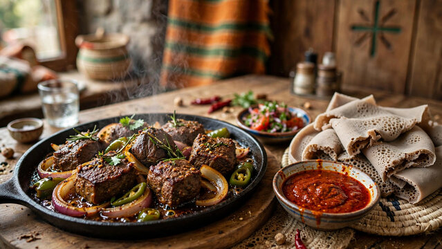 Ethiopian beef tibs sizzling with injera in Addis Ababa