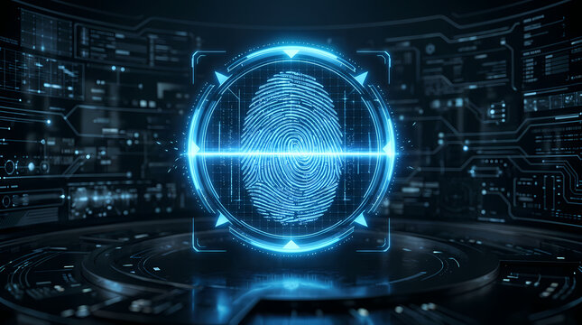 Digital fingerprint identification interface with glowing blue light scanning biometric data for secure access control systems to verify identity and protect sensitive personal information