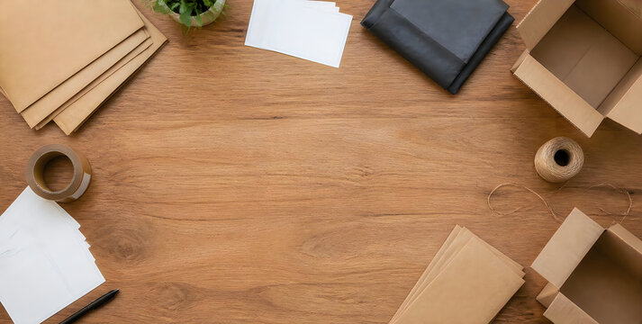 Flat lay of cardboard shipping boxes and packing supplies on a rustic