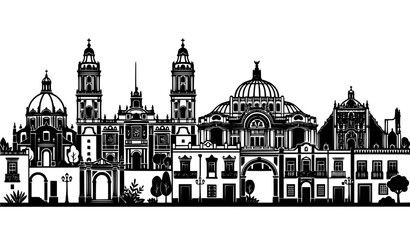 Obraz premium Historic Mexico City Architecture Panorama Black White Minimalist Vector