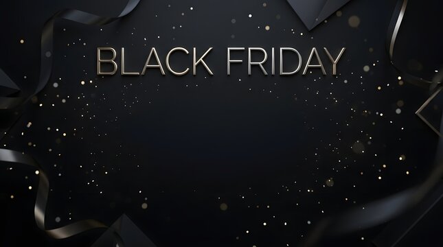Elegant black friday sale background with shiny ribbons and confetti on a dark luxury texture