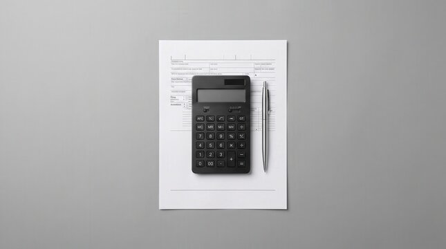 Black electronic calculator and silver pen on white document paper, capturing financial accounting and tax preparation concepts for professional bookkeeping and corporate budgeting.