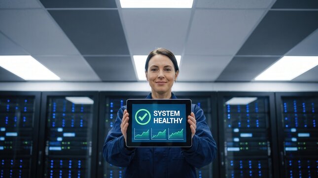 IT technician holding tablet showing system healthy status in a data center, featuring network reliability and server uptime concept for cloud hosting and enterprise database management.