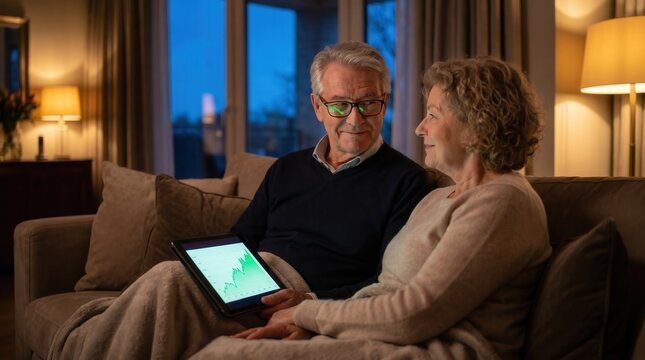 Senior couple sitting on a sofa looking at a stock market graph on a digital tablet in a cozy living room, expressing financial security and retirement optimism for banking and investment services.