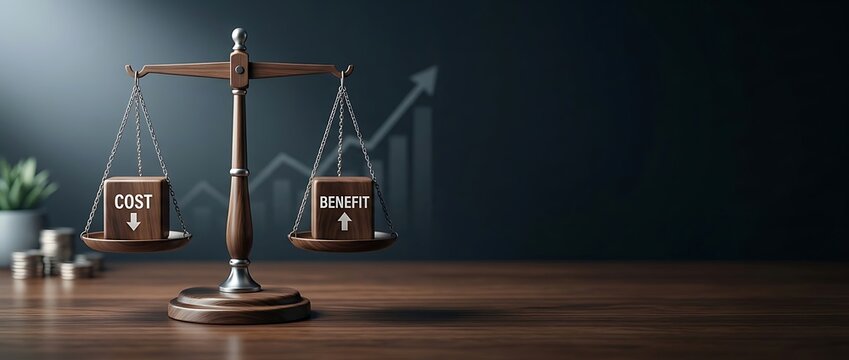 Cost benefit analysis concept showing wooden scales balancing blocks labeled cost and benefit on a desk with a growth graph background, representing financial decision making and ROI assessment.