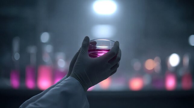 Gloved hands hold a petri dish with vibrant pink liquid in a dimly lit lab