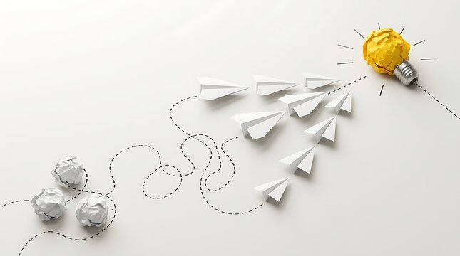 Creative Business Concept with Paper Planes Flying Towards a Yellow Lightbulb Symbolizing Innovation, Leadership, and the Journey from Failed Ideas to Success on a White Background