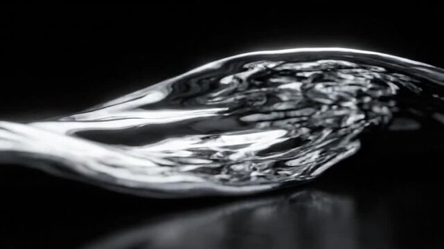 Abstract background featuring a flowing wave of liquid silver metal with smooth reflections on a dark surface