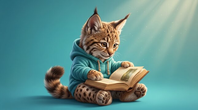 cute fluffy cat reading an open book on turquoise background