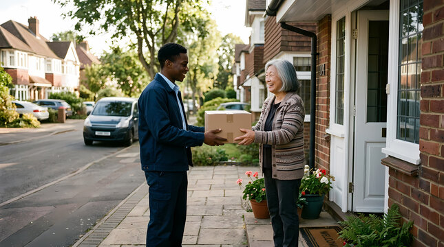 A friendly delivery person hands over a cardboard parcel to an elderly woman standing on her porch during a sunny day in a quiet suburban neighborhood street as she receives her online purchase