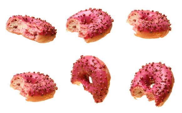 Bitten pink glazed donuts with berry sprinkles, shown from various angles