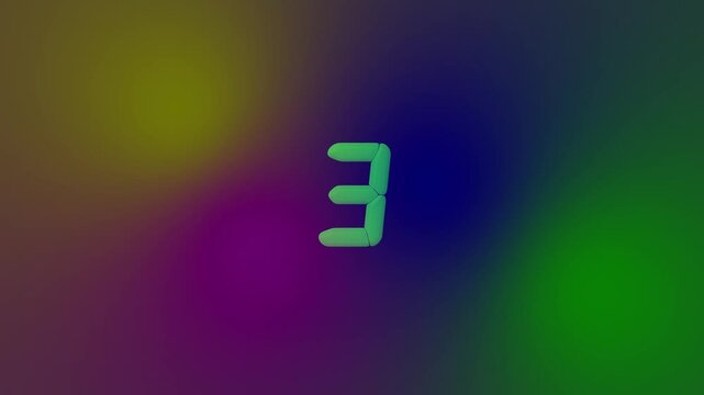 Digital countdown timer with number five glowing green on a colorful