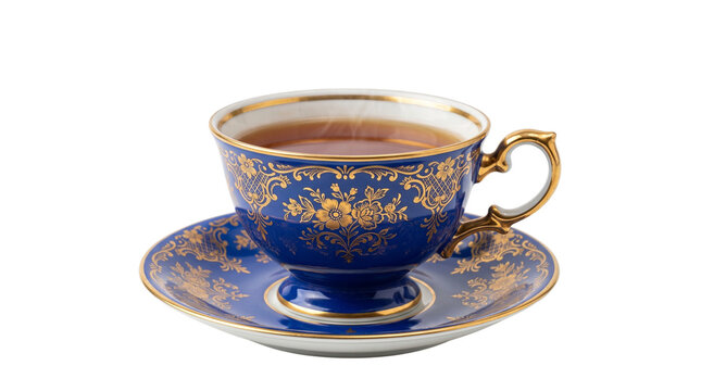 Vintage blue porcelain teacup filled with hot tea, ornate floral gold tea cup and saucer set for traditional high tea isolated PNG with Transparent Background