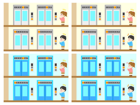 エレベーターを待つ人々のイラスト素材セット