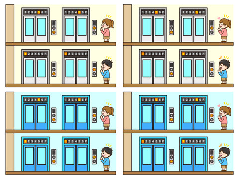 エレベーターを待つ人々のイラスト素材セット3