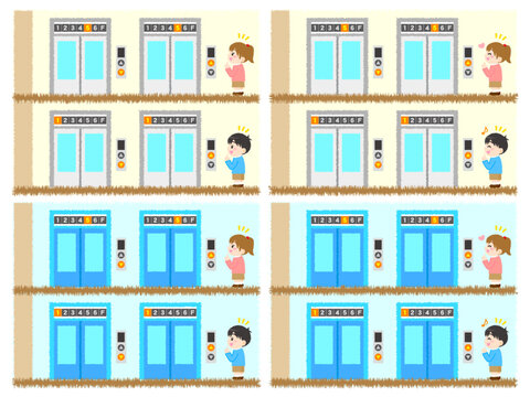 エレベーターを待つ人々のイラスト素材セット4