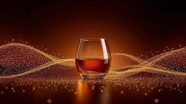 Amber Liquor Glass Glowing with Golden Particle Wave on Dark Background