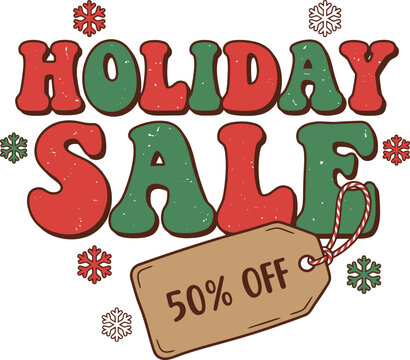 Holiday sale 50% off retro typography design with snowflakes and price tag