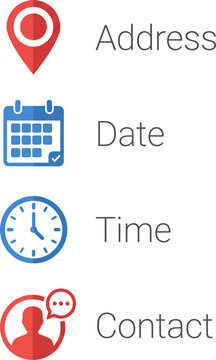 Set of flat icons for contact information including address, date, time, and contact person symbols