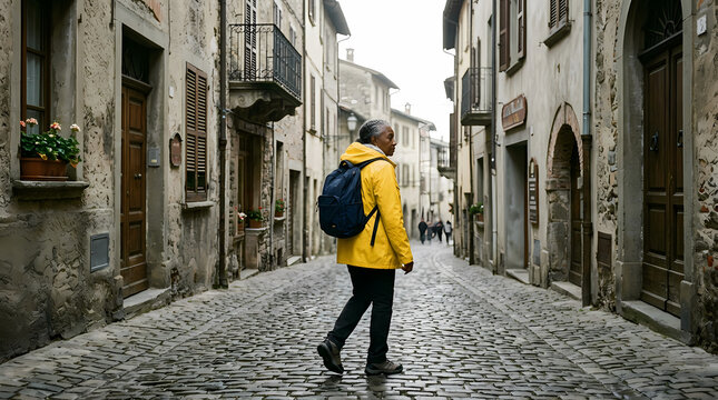 A male traveler wearing a vibrant yellow rain jacket and carrying a dark blue backpack walks along a narrow cobblestone pathway within an old European town while exploring historic stone