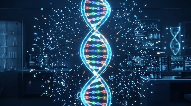 glowing dna strand in dark futuristic medical laboratory concept