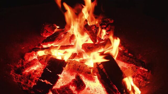 Close-up of a campfire with bright orange flames dancing around burning firewood, glowing embers and detailed textures of charred logs in the warm firelight.