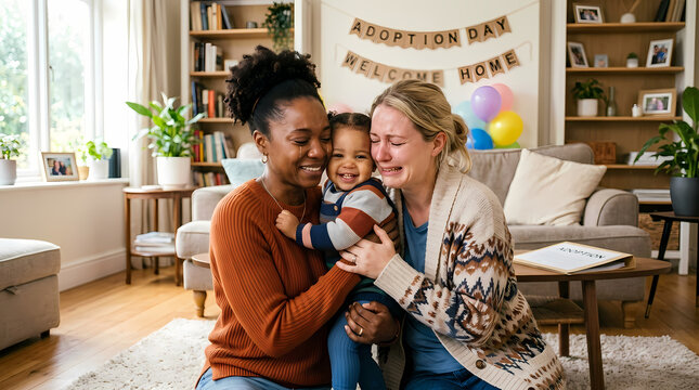 Two Loving Mothers Embrace Their Newly Adopted Toddler Child During A Heartwarming Welcome Home Celebration Inside Their Cozy Living Room As Tears Of Happiness Flow Down Their Smiling Happy Faces