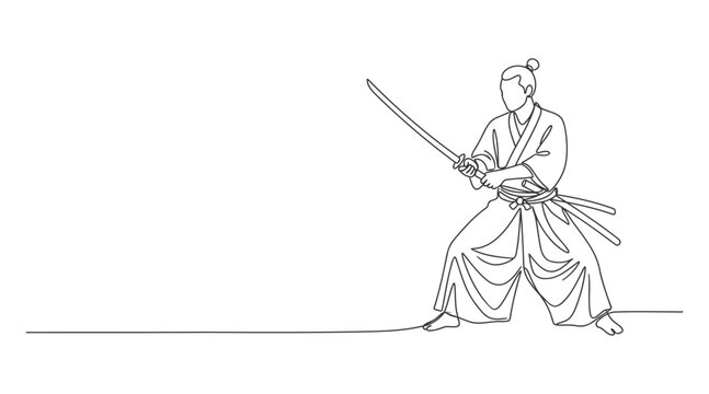 Continuous line drawing of a samurai warrior preparing for battle with martial arts line art japanese sword