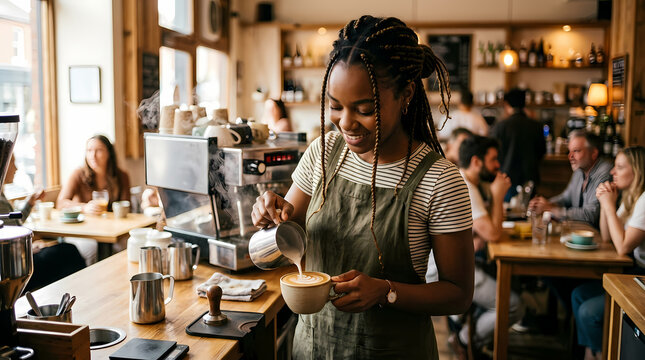A cheerful barista pours steamed milk into a freshly brewed beverage within a bustling community eatery while patrons enjoy conversation at wooden tables during the busy morning service hours