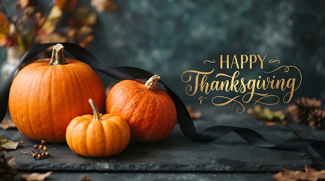 Autumn harvest scene with pumpkins and a happy thanksgiving wood sign