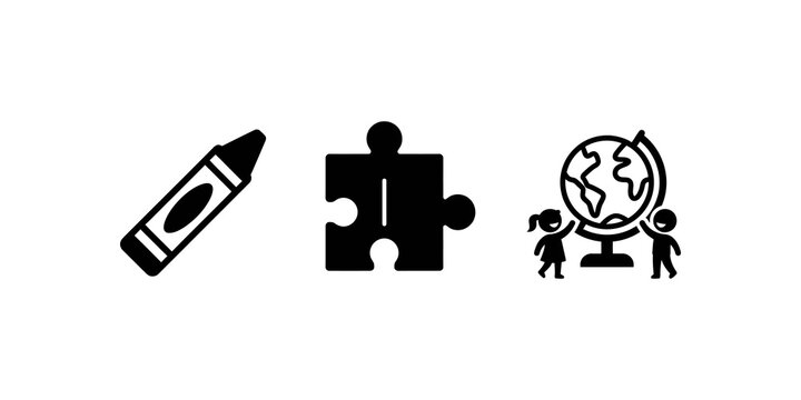Crayon, puzzle piece, and globe for creativity.